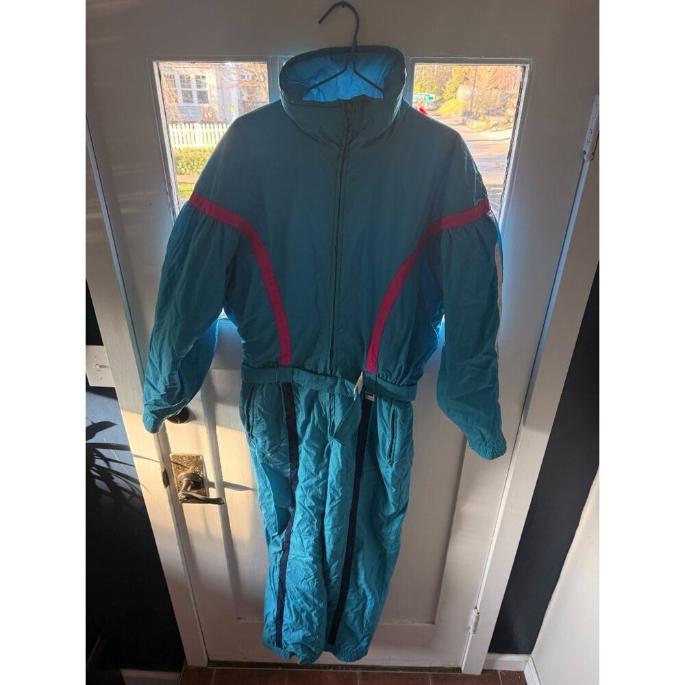 VTG 80s Bright Neon Blue + Pink Full Length Zip Insulated Snow Suit - 14